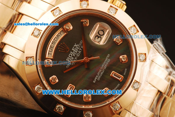 Rolex Day-Date Automatic Rose Gold Case with Diamond and Black MOP Dial-Rose Gold Strap - Click Image to Close